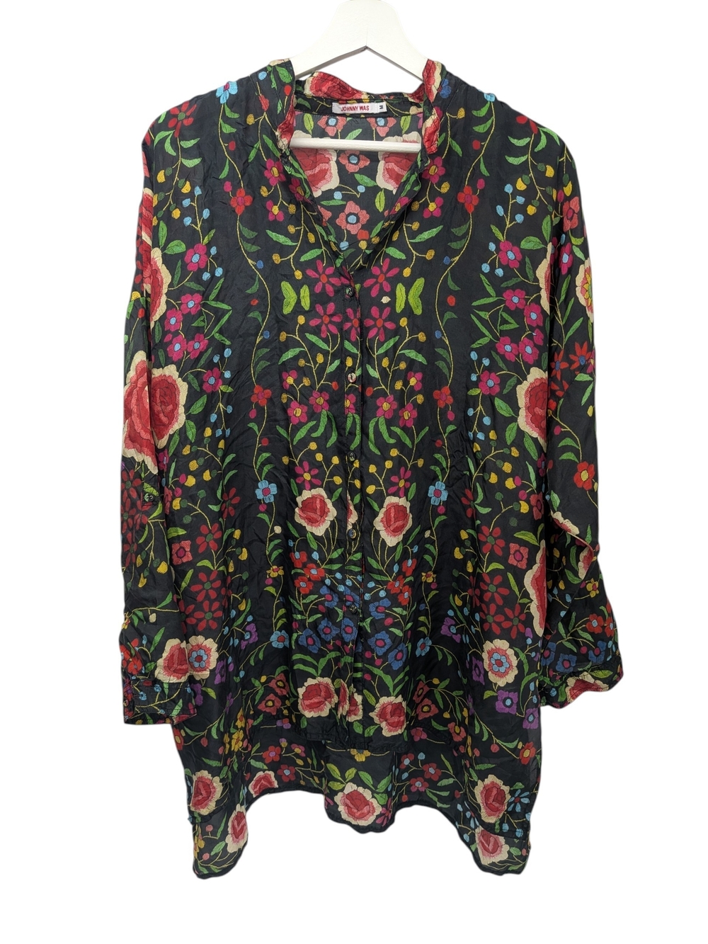 Johnny Was Black Floral Emby Button Down Silk Tunic Blouse